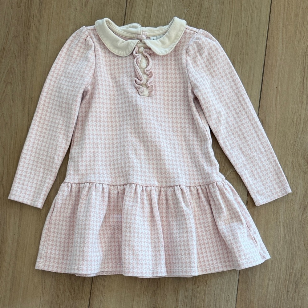 Janie and Jack Girls Pink Houndstooth Peter Pan Collar Dress Size 5 Long Sleeve‎
